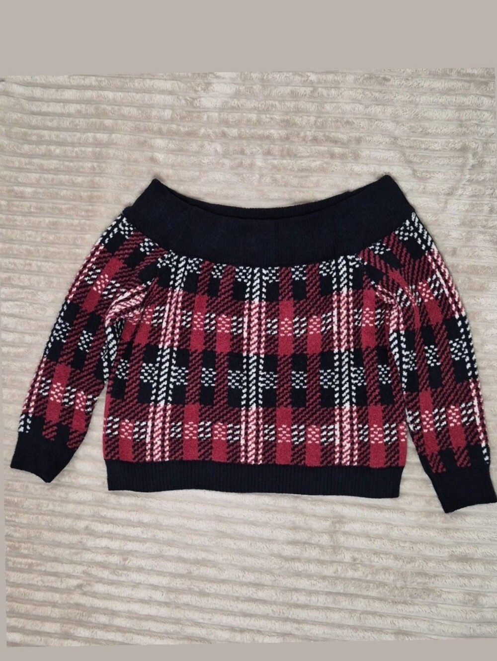Forever 21 Off-the-Shoulder Plaid Sweater - Red, Black & White